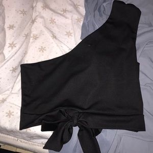 One Shoulder Black Tie-Front Crop Top